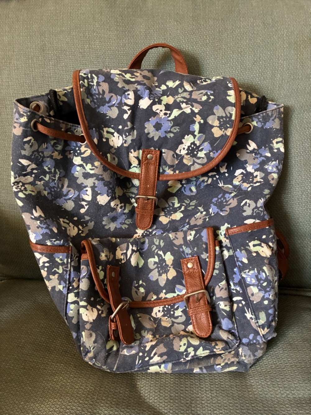 Navy Floral Canvas Backpack with Brown Trim